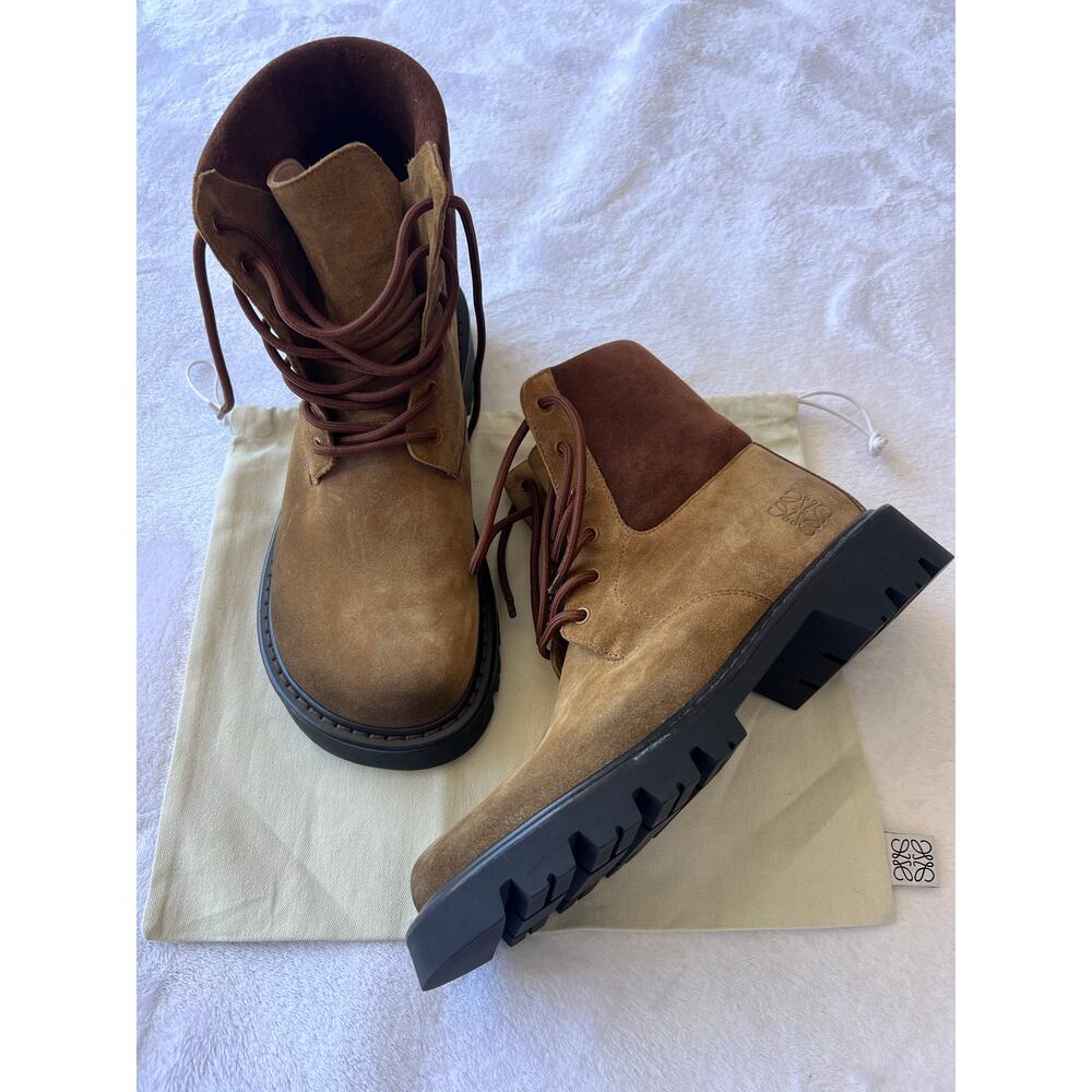 Loewe Sierra Combat Boots Tobacco Brown Suede Lug Sole Mens Sz EU 44